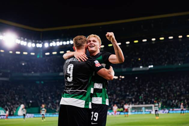 Sporting CP Vs AVS Futebol SAD in Lisbon - 22 Sept 2024 (L-R) Viktor Gyokeres, and Conrad Harder (Sporting CP) seen celebrating after goal during the Liga Portugal game between teams of Sporting CP and AVS Futebol SAD at Estadio Jose Alvalade. final score 3:0 Lisbon Portugal Copyright: xMaciejxRogowskix xSOPAxImagesx MROGOWSKI_sportingafs202425-30