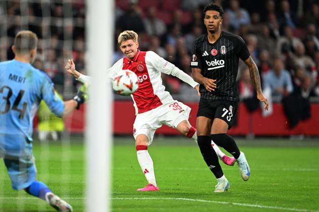 AMSTERDAM - (l-r) Besiktas JK goalkeeper Mert Gunok, Kristian Hlynsson of Ajax, Cher Ndour of Besiktas JK during the UEFA Europa League match between AFC Ajax Amsterdam and Besiktas JK at the Johan Cruijff ArenA on Sept. 26, 2024 in Amsterdam, Netherlands. ANP OLAF KRAAK UEFA Europa League 2024 25 League Phase MD1 2024 25 xVIxANPxSportx xxANPxIVx 509447181 originalFilename: 509447181