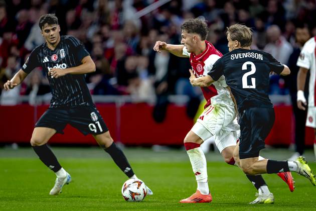 AFC Ajax Amsterdam forwarder Mika Godts, Besiktas JK defender Jonas Svensson, during the match Ajax - Besiktas at the Johan Cruijff ArenA for the UEFA Europa League - League phase - Matchday 1 season 2024-2025 in AMSTERDAM, Netherlands on 26 september 2024, (photo by Marcel van Dorst EYE4images DeFodi Images) Defodi-746_190845