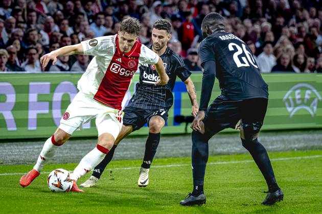 AFC Ajax Amsterdam forwarder Mika Godts, Besiktas JK forwarder Rafa Silva, during the match Ajax - Besiktas at the Johan Cruijff ArenA for the UEFA Europa League - League phase - Matchday 1 season 2024-2025 in AMSTERDAM, Netherlands on 26 september 2024, (photo by Marcel van Dorst EYE4images DeFodi Images) Defodi-746_190858