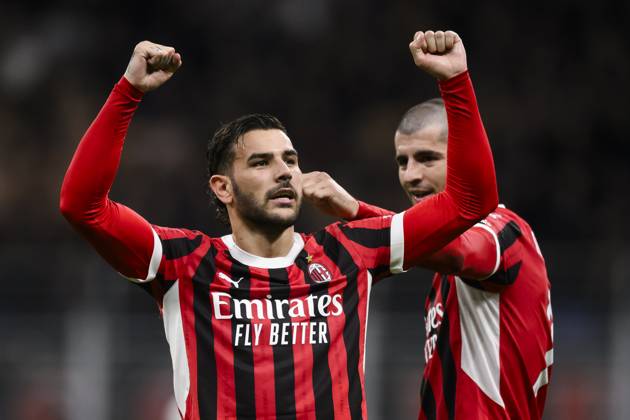 AC Milan v US Lecce - Serie A Theo Hernandez of AC Milan celebrates with Alvaro Morata of AC Milan after scoring a goal during the Serie A football match between AC Milan and US Lecce. Milan Italy Copyright: xNicolòxCampox