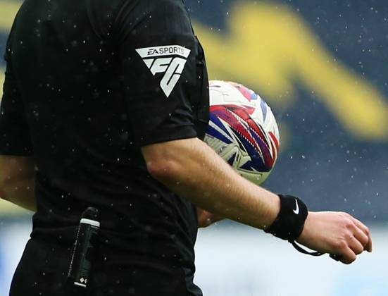 Wigan Athletic v Exeter City EFL Sky Bet League 1 28 09 2024. The EA Sports FC logo on referee Scott Simpson during the EFL Sky Bet League 1 match between Wigan Athletic and Exeter City at the Brick Community Stadium, Wigan, England on 28 September 2024. Wigan Brick Community Stadium Greater Manchester England Editorial use only DataCo restrictions apply See www.football-dataco.com , Copyright: xJohnxBradleyx PSI-20514-0035