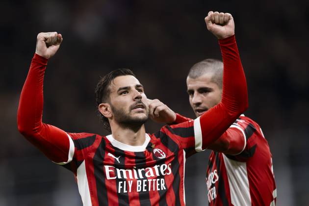 AC Milan v US Lecce - Serie A Theo Hernandez of AC Milan celebrates with Alvaro Morata of AC Milan after scoring a goal during the Serie A football match between AC Milan and US Lecce. Milan Italy Copyright: xNicolòxCampox