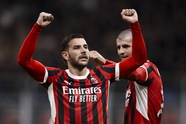 AC Milan v US Lecce - Serie A Theo Hernandez of AC Milan celebrates with Alvaro Morata of AC Milan after scoring a goal during the Serie A football match between AC Milan and US Lecce. Milan Italy Copyright: xNicolòxCampox