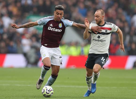 Football - 2024 2025 Premier League - Aston Villa vs Manchester United, ManU - Villa Park - Sunday 6th October 2024 Morgan Rogers of Aston Villa and Christian Eriksen of Manchester United