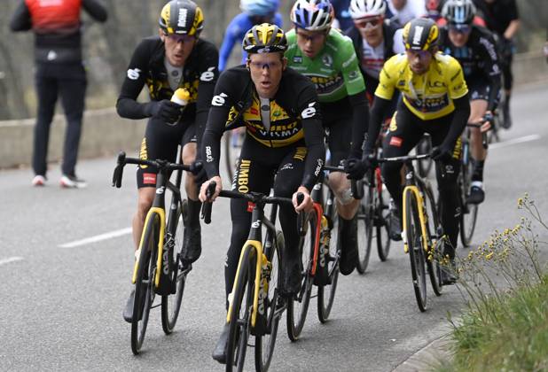 Paris - Nice 2022 - stage 8 NICE, FRANCE - MARCH 13 : Kruijswijk Steven (NED) of Team Jumbo-Visma, Dennis Rohan (AUS) of Team Jumbo-Visma, Van Aert Wout (BEL) of Team Jumbo-Visma & Roglic Primoz (SLO) of Team Jumbo-Visma during stage 8 and final stage of the 80th edition of the Paris - Nice cycling race, a stage of 115,6km with start and finish in Nice on March 13, 2022 in Nice, France, 13 03 2022 ( Motordriver Kenny Verfaillie - Nice France Copyright: xNicoxVereeckenx 10971685-048