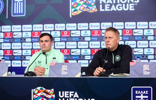 Republic of Ireland press conference, PK, Pressekonferenz Georgios Karaiskakis Stadium, Athens, Greece 12 10 2024 Head Coach Heimir Hallgrimsson and Josh Cullen Heimir Hallgrimsson and Josh Cullen 12 10 2024 Copyright: x INPHO InTime DimitrisxBirntachasx BHX_9682