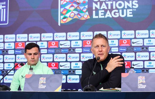 Republic of Ireland press conference, PK, Pressekonferenz Georgios Karaiskakis Stadium, Athens, Greece 12 10 2024 Head Coach Heimir Hallgrimsson and Josh Cullen Heimir Hallgrimsson and Josh Cullen 12 10 2024 Copyright: x INPHO InTime DimitrisxBirntachasx BHX_9716