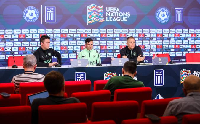 Republic of Ireland press conference, PK, Pressekonferenz Georgios Karaiskakis Stadium, Athens, Greece 12 10 2024 Head Coach Heimir Hallgrimsson and Josh Cullen Heimir Hallgrimsson and Josh Cullen 12 10 2024 Copyright: x INPHO InTime DimitrisxBirntachasx BHX_9821