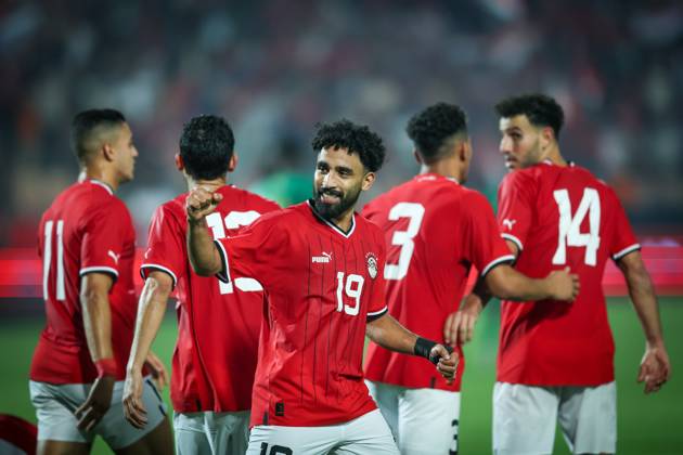 Egypt vs Mauritania - Africa Cup Of Nations Qualifier Mohamed Salah of Egypt celebrates with a teammate after scoring the second goal during the Africa Cup of Nations Qualifiers 2025, match number 61, between Egypt and Mauritania at Cairo International Stadium in Cairo, Egypt, on October 11, 2024. Cairo Egypt Copyright: xAymanxArefx originalFilename:aref-notitle241011_npinf