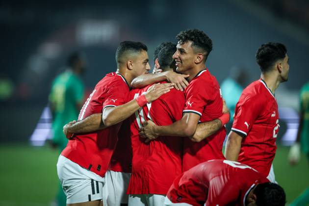 Egypt vs Mauritania - Africa Cup Of Nations Qualifier Mohamed Salah of Egypt celebrates with a teammate after scoring the second goal during the Africa Cup of Nations Qualifiers 2025, match number 61, between Egypt and Mauritania at Cairo International Stadium in Cairo, Egypt, on October 11, 2024. Cairo Egypt Copyright: xAymanxArefx originalFilename:aref-notitle241011_npx7i