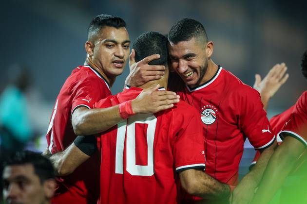 Egypt vs Mauritania - Africa Cup Of Nations Qualifier Mohamed Salah of Egypt celebrates with a teammate after scoring the second goal during the Africa Cup of Nations Qualifiers 2025, match number 61, between Egypt and Mauritania at Cairo International Stadium in Cairo, Egypt, on October 11, 2024. Cairo Egypt Copyright: xAymanxArefx originalFilename:aref-notitle241011_nphAU
