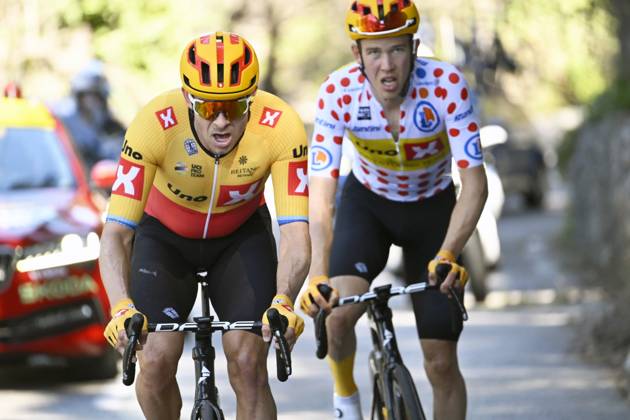 Paris - Nice 2023 - stage 8 NICE, FRANCE - MARCH 12 : Kristoff Alexander (NOR) of Uno-X Pro Cycling Team and Gregaard Jonas (DEN) of Uno-X Pro Cycling Team during stage 8 and final stage of the 81th edition of the Paris - Nice cycling race, a stage of 117,5km with start and finish in Nice on March 12, 2023 in Nice, France, 12 03 2023 ( Motordriver Kenny Verfaillie - Nice France Copyright: xNicoxVereeckenx 11021759-036