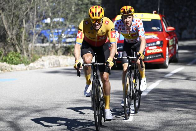 Paris - Nice 2023 - stage 8 NICE, FRANCE - MARCH 12 : Kristoff Alexander (NOR) of Uno-X Pro Cycling Team and Gregaard Jonas (DEN) of Uno-X Pro Cycling Team during stage 8 and final stage of the 81th edition of the Paris - Nice cycling race, a stage of 117,5km with start and finish in Nice on March 12, 2023 in Nice, France, 12 03 2023 ( Motordriver Kenny Verfaillie - Nice France Copyright: xNicoxVereeckenx 11021759-046