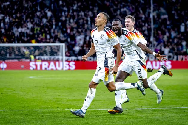Bilder des Jahres 2024, Sport 10 Oktober Sport Themen der Woche KW42 Sport Bilder des Tages Germany midfielder Jamie Leweling scores the 1-0, and celebrating the goal during the match Germany - Netherlands at the Allianz Arena for the UEFA Nations League, League phase, Matchday 4 season 2024-2025 in MUNICH, Germany on 14 oktober 2024, (photo by Marcel van Dorst EYE4images DeFodi Images) not used in POL SRB CRO FRA GBR NED ITA USA Defodi-746_195281