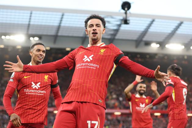 Football - 2024 2025 Premier League - Liverpool v Chelsea - Anfield - Sunday 20th October 2024 Curtis Jones of Liverpool celebrates scoring to make it 2-1