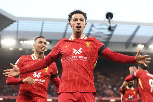 Football - 2024 2025 Premier League - Liverpool v Chelsea - Anfield - Sunday 20th October 2024 Curtis Jones of Liverpool celebrates scoring to make it 2-1