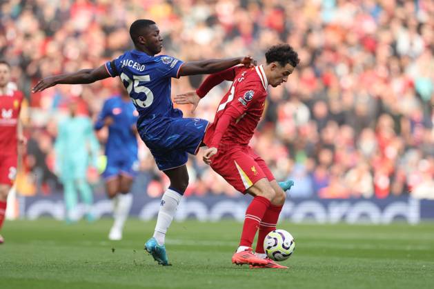 Football - 2024 2025 Premier League - Liverpool v Chelsea - Anfield - Sunday 20th October 2024 Curtis Jones of Liverpool and Moises Caicedo of Chelsea