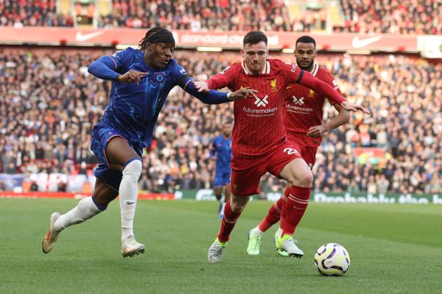 Football - 2024 2025 Premier League - Liverpool v Chelsea - Anfield - Sunday 20th October 2024 Noni Madueke of Chelsea and Andrew Robertson of Liverpool