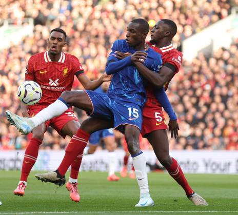 Football - 2024 2025 Premier League - Liverpool v Chelsea - Anfield - Sunday 20th October 2024 Nicolas Jackson of Chelsea and Ibrahima Konate of Liverpool