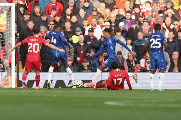 Football - 2024 2025 Premier League - Liverpool v Chelsea - Anfield - Sunday 20th October 2024 Curtis Jones of Liverpool is fouled in the penalty area