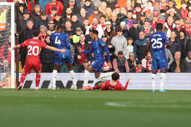 Football - 2024 2025 Premier League - Liverpool v Chelsea - Anfield - Sunday 20th October 2024 Curtis Jones of Liverpool is fouled in the penalty area