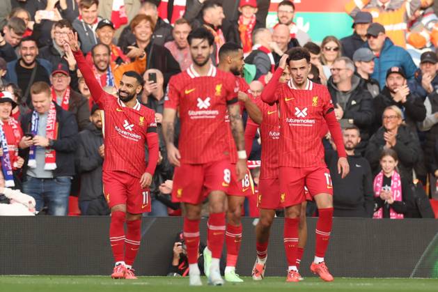 Football - 2024 2025 Premier League - Liverpool v Chelsea - Anfield - Sunday 20th October 2024 Mohamed Salah of Liverpool celebrates scoring the 1st goal