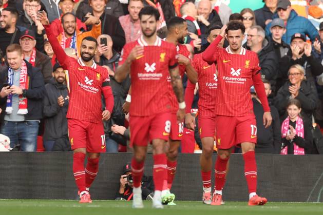 Football - 2024 2025 Premier League - Liverpool v Chelsea - Anfield - Sunday 20th October 2024 Mohamed Salah of Liverpool celebrates scoring the 1st goal