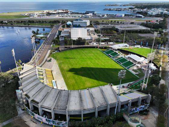 October 21, 2024, St. Petersburg, Florida, USA: An aerial drone view of Al Lang Stadium, the home of the Tampa Bay Rowdies, at 230 1st St SE, on Monday, Oct. 21, 2024, in St. Petersburg. Al Lang Stadium is a potential option for the Tampa Bay Rays considering the damage to the roof at Tropicana Field from Hurricane Milton. St. Petersburg USA - ZUMAs70_ 0774812859st Copyright: xDirkxShaddx