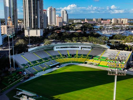 October 21, 2024, St. Petersburg, Florida, USA: An aerial drone view of Al Lang Stadium, the home of the Tampa Bay Rowdies, at 230 1st St SE, on Monday, Oct. 21, 2024, in St. Petersburg. Al Lang Stadium is a potential option for the Tampa Bay Rays considering the damage to the roof at Tropicana Field from Hurricane Milton. St. Petersburg USA - ZUMAs70_ 0774813232st Copyright: xDirkxShaddx