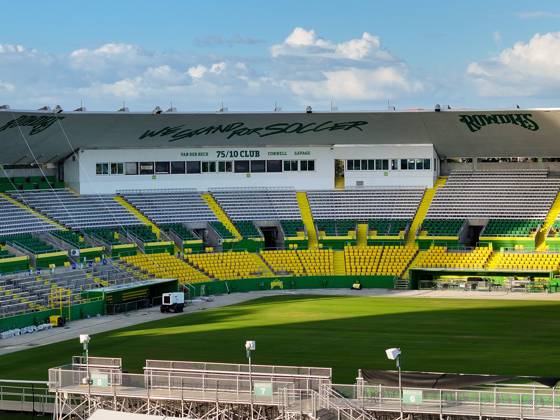 October 21, 2024, St. Petersburg, Florida, USA: An aerial drone view of Al Lang Stadium, the home of the Tampa Bay Rowdies, at 230 1st St SE, on Monday, Oct. 21, 2024, in St. Petersburg. Al Lang Stadium is a potential option for the Tampa Bay Rays considering the damage to the roof at Tropicana Field from Hurricane Milton. St. Petersburg USA - ZUMAs70_ 0774813602st Copyright: xDirkxShaddx