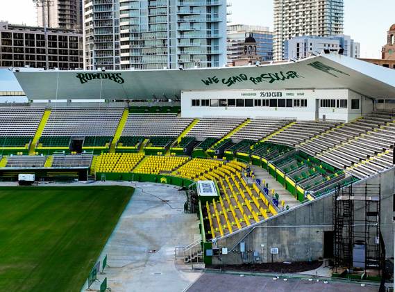 October 21, 2024, St. Petersburg, Florida, USA: An aerial drone view of Al Lang Stadium, the home of the Tampa Bay Rowdies, at 230 1st St SE, on Monday, Oct. 21, 2024, in St. Petersburg. Al Lang Stadium is a potential option for the Tampa Bay Rays considering the damage to the roof at Tropicana Field from Hurricane Milton. St. Petersburg USA - ZUMAs70_ 0774813827st Copyright: xDirkxShaddx