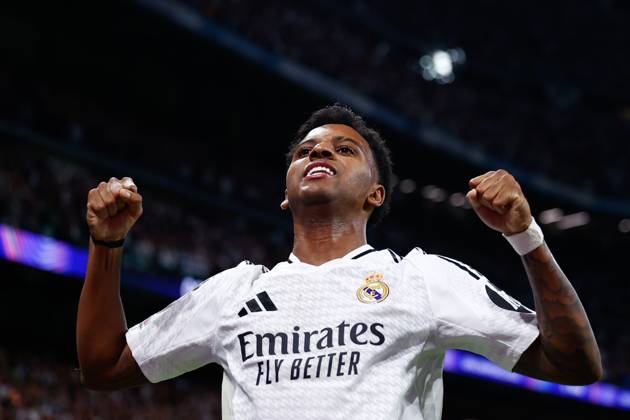 October 22, 2024, Madrid, Madrid, SPAIN: Rodrygo Goes of Real Madrid celebrates a goal of Lucas Vazquez of Real Madrid during the UEFA Champions League 2024 25 League Phase MD3 match between Real Madrid CF and Borussia Dortmund at Estadio Santiago Bernabeu on October 22, 2024, in Madrid, Spain. Madrid SPAIN - ZUMAa181 20241022_zaa_a181_257 Copyright: xDennisxAgyemanx