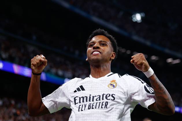 October 22, 2024, Madrid, Madrid, SPAIN: Rodrygo Goes of Real Madrid celebrates a goal of Lucas Vazquez of Real Madrid during the UEFA Champions League 2024 25 League Phase MD3 match between Real Madrid CF and Borussia Dortmund at Estadio Santiago Bernabeu on October 22, 2024, in Madrid, Spain. Madrid SPAIN - ZUMAa181 20241022_zaa_a181_260 Copyright: xDennisxAgyemanx