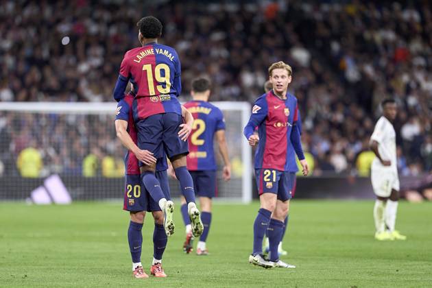 Lamine Yamal of FC Barcelona, Barca celebrates with Dani Olmo of FC Barcelona after scoring his team s third goal during the LaLiga EA Sports match between Real Madrid CF and FC Barcelona at Estadio Santiago Bernabeu on October 26, 2024 in Madrid, Spain. (Photo by: LGM Panoramic) FOOTBALL : Real Madrid CF vs FC Barcelona- LaLiga EA Sports - 26 10 2024 LGM Panoramic