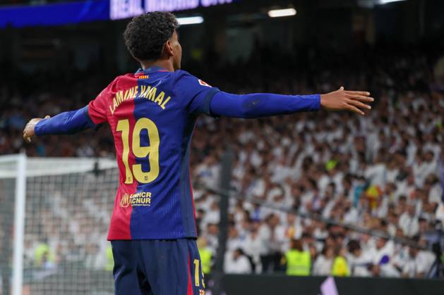 October 26, 2024, Madrid, Spain: Lamine Yamal celebrates a goal during the Liga match between Real Madrid and FC Barcelona, Barca at the Santiago Bernabeu Stadium. Real Madrid had a score of 0 goals a 4 against FC Barcelona at the Estadio Santiago Bernabeu in a new year in the LA Spanish Football League. Madrid Spain - ZUMAs197 0775649071st Copyright: xDavidxCanalesx