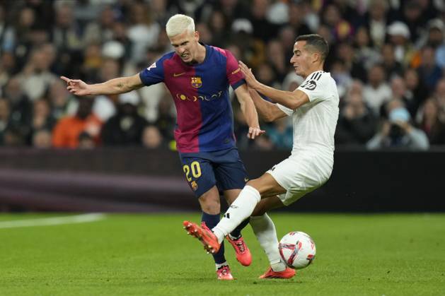 ESP: Real Madrid v FC Barcelona, Barca La Liga EA Sports. Date 11 Dani Olmo of FC Barcelona and Lucas Vazquez of Real Madrid CF during the La Liga EA Sports match between Real Madrid and FC Barcelona played at Santiago Bernabeu Stadium on October, 2024 in Madrid, Spain. Contributor Copyright: xPressinphotox PS_241026_RMA_BAR_348