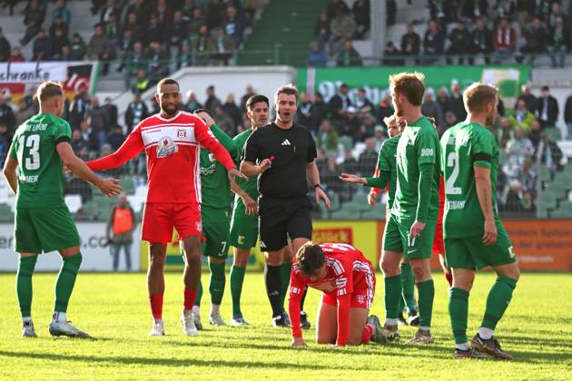 BSG Chemie Leipzig vs. Hallescher FC, Regionalliga Nordost, 02.11.24 Schiedsrichter Eugen Ostrin muss eingreifen. Fußball, Regionalliga Nordost, Saison 2024 2025, 14. Spieltag: BSG Chemie Leipzig vs. Hallescher FC am 02.11.24 im Alfred-Kunze-Sportpark, Leipzig Leutzsch. Copyright: xBEAUTIFULxSPORTS JanxKaeferx