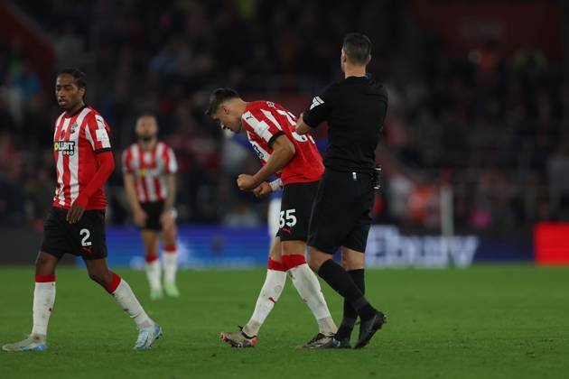 Football - 2024 2025 Premier League - Southampton vs Everton - St Mary™s Stadium - Saturday 2nd November 2024 Jan Bednarek of Southampton celebrates as Referee Mr Andy Madley gives the VAR verdict of offside for Evertons equaliser during the Premier League match at St Mary™s Stadium COLORSPORT Shaun Boggust