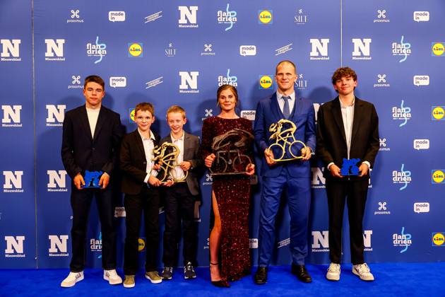 Jinze Joris, Mats and Milan, Belgian Lotte Kopecky, Belgian Ewoud Vromant and Belgian Jasper Schoofs pose for the photographer at the Flandrien award ceremony for the best Belgian cyclist of the 2024 cycling season, organized by newspaper Het Nieuwsblad , Tuesday 05 November 2024 in Middelkerke. DAVIDxPINTENS  x104669364x