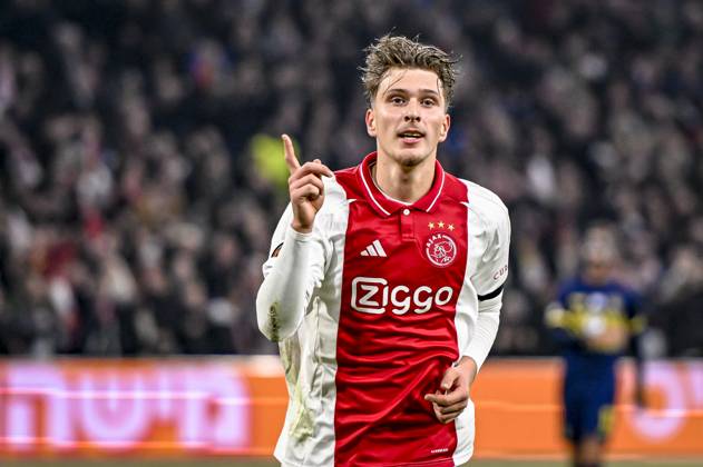 AFC Ajax Amsterdam forwarder Mika Godts celebrating the goal 3-0, during the match Ajax - Maccabi Tel Aviv at the Johan Cruijff ArenA for the UEFA Europa League - League phase - Matchday 4 season 2024-2025 in AMSTERDAM, Netherlands on 7 november 2024, (photo by Stefan Koops EYE4images DeFodi Images) not used in POL SRB CRO FRA GBR NED ITA USA Defodi-746_198828