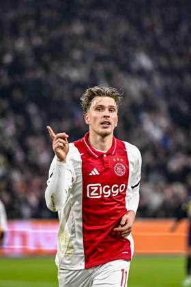 AFC Ajax Amsterdam forwarder Mika Godts celebrating the goal 3-0, during the match Ajax - Maccabi Tel Aviv at the Johan Cruijff ArenA for the UEFA Europa League - League phase - Matchday 4 season 2024-2025 in AMSTERDAM, Netherlands on 7 november 2024, (photo by Stefan Koops EYE4images DeFodi Images) not used in POL SRB CRO FRA GBR NED ITA USA Defodi-746_198838