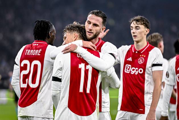 AFC Ajax Amsterdam forwarder Mika Godts and AFC Ajax Amsterdam midfielder Branco van den Boomen celebrating the goal 3-0, during the match Ajax - Maccabi Tel Aviv at the Johan Cruijff ArenA for the UEFA Europa League - League phase - Matchday 4 season 2024-2025 in AMSTERDAM, Netherlands on 7 november 2024, (photo by Stefan Koops EYE4images DeFodi Images) not used in POL SRB CRO FRA GBR NED ITA USA Defodi-746_198840