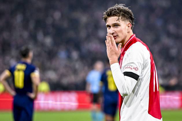 AFC Ajax Amsterdam forwarder Mika Godts celebrating the goal 3-0, during the match Ajax - Maccabi Tel Aviv at the Johan Cruijff ArenA for the UEFA Europa League - League phase - Matchday 4 season 2024-2025 in AMSTERDAM, Netherlands on 7 november 2024, (photo by Stefan Koops EYE4images DeFodi Images) not used in POL SRB CRO FRA GBR NED ITA USA Defodi-746_198843