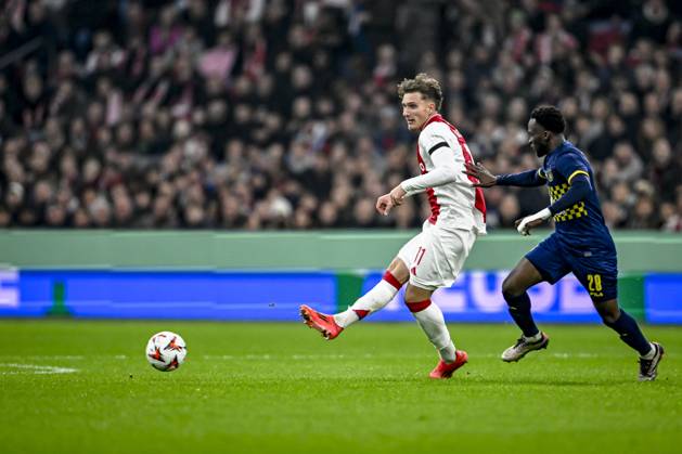 AFC Ajax Amsterdam forwarder Mika Godts, during the match Ajax - Maccabi Tel Aviv at the Johan Cruijff ArenA for the UEFA Europa League - League phase - Matchday 4 season 2024-2025 in AMSTERDAM, Netherlands on 7 november 2024, (photo by Stefan Koops EYE4images DeFodi Images) not used in POL SRB CRO FRA GBR NED ITA USA Defodi-746_198879