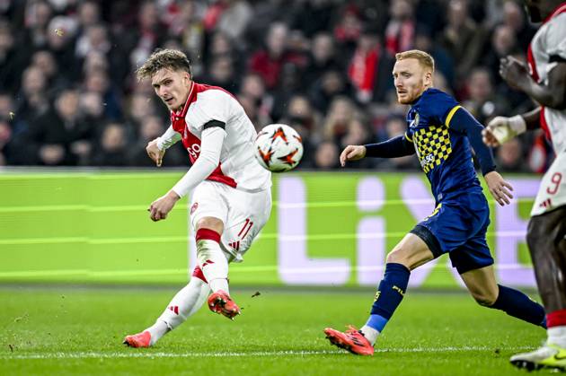 AFC Ajax Amsterdam forwarder Mika Godts, during the match Ajax - Maccabi Tel Aviv at the Johan Cruijff ArenA for the UEFA Europa League - League phase - Matchday 4 season 2024-2025 in AMSTERDAM, Netherlands on 7 november 2024, (photo by Stefan Koops EYE4images DeFodi Images) not used in POL SRB CRO FRA GBR NED ITA USA Defodi-746_198913