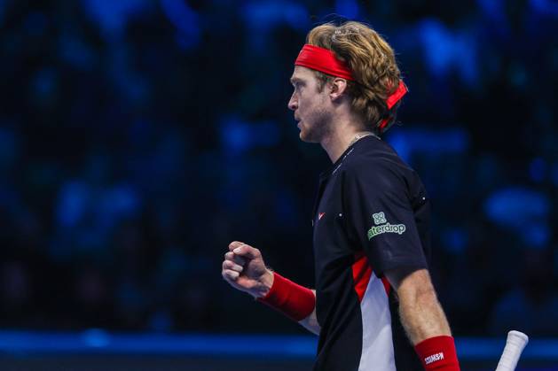 TENNIS - Internazionali di Tennis - Nitto ATP, Tennis Herren Finals - Ruud vs Rublev Andrey Rublev of Russia celebrates during Men s Singles Group Stage match against Casper Ruud of Norway on day six of the Nitto ATP Finals 2024 at Inalpi Arena. Casper Ruud wins 6-4, 5-7, 6-2 over Andrey Rublev Turin Italy Copyright: xIPAxSport ABACAx