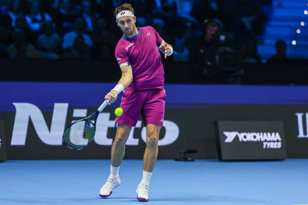 TENNIS - Internazionali di Tennis - Nitto ATP, Tennis Herren Finals - Ruud vs Rublev Casper Ruud of Norway seen in actions during Men s Singles Group Stage match against Andrey Rublev of Russia on day six of the Nitto ATP Finals 2024 at Inalpi Arena. Casper Ruud wins 6-4, 5-7, 6-2 over Andrey Rublev Turin Italy Copyright: xIPAxSport ABACAx
