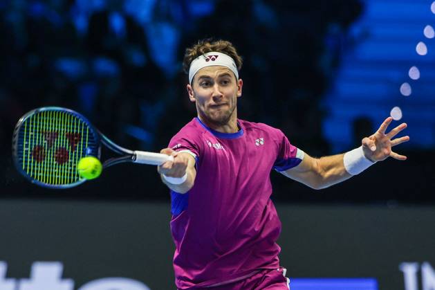 TENNIS - Internazionali di Tennis - Nitto ATP, Tennis Herren Finals - Ruud vs Rublev Casper Ruud of Norway seen in actions during Men s Singles Group Stage match against Andrey Rublev of Russia on day six of the Nitto ATP Finals 2024 at Inalpi Arena. Casper Ruud wins 6-4, 5-7, 6-2 over Andrey Rublev Turin Italy Copyright: xIPAxSport ABACAx