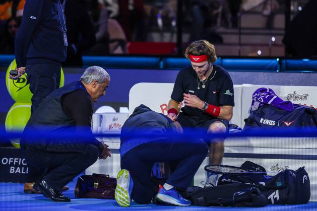 TENNIS - Internazionali di Tennis - Nitto ATP, Tennis Herren Finals - Ruud vs Rublev Andrey Rublev of Russia injured Men s Singles Group Stage match against Casper Ruud of Norway on day six of the Nitto ATP Finals 2024 at Inalpi Arena. Casper Ruud wins 6-4, 5-7, 6-2 over Andrey Rublev Turin Italy Copyright: xIPAxSport ABACAx